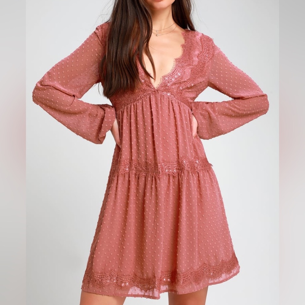 Wistful Moment Rusty Rose Swiss Dot Long Sleeve Dress